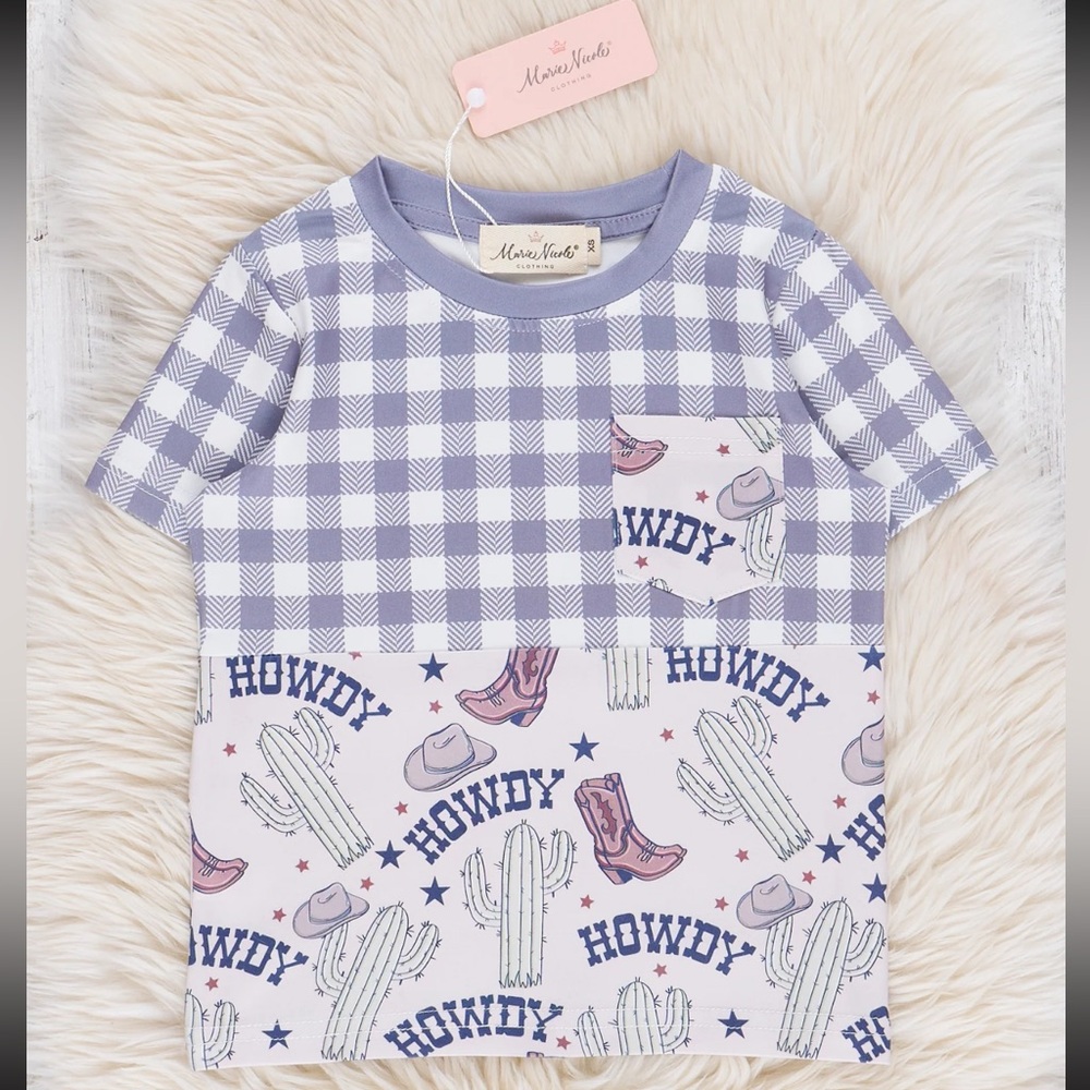 Western Toddler Blue Gray Howdy Cowboy Boot Bamboo Pocket T-Shirt 3T NWT